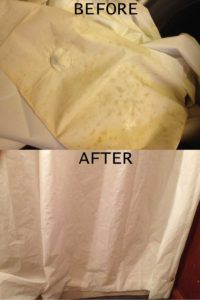 Before and after of cleaning a shower curtain